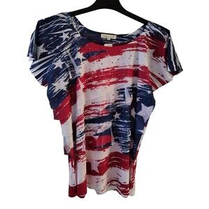 Womens Indigo Soul American Blouse Large Patriotic Rhinestones Stars and Stripes